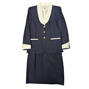 Vintage Suitsme Womens Skirt Suit Blue Size 14 Blazer Shawl Collar Nautical